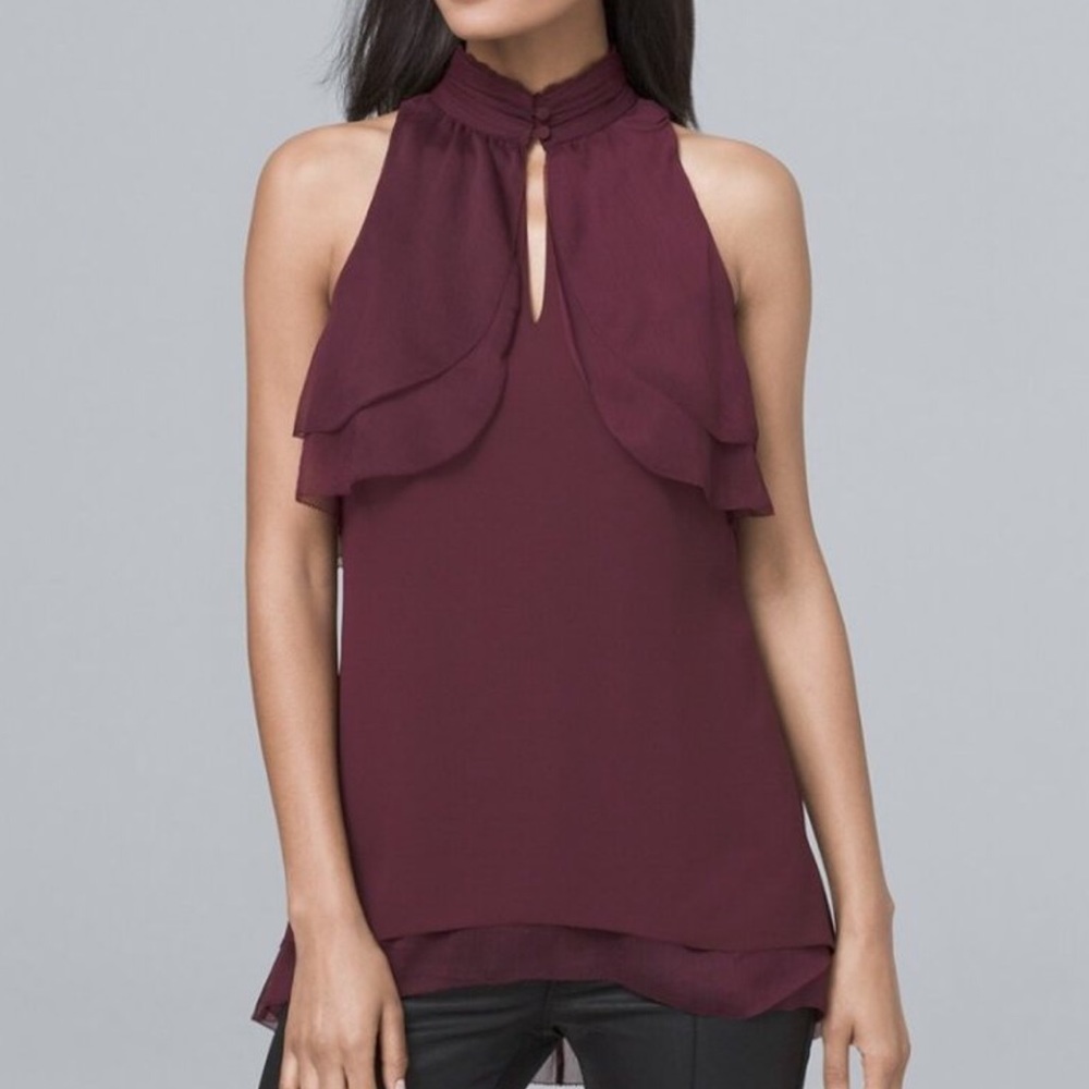 WHBM high low halter tunic blouse in burgundy